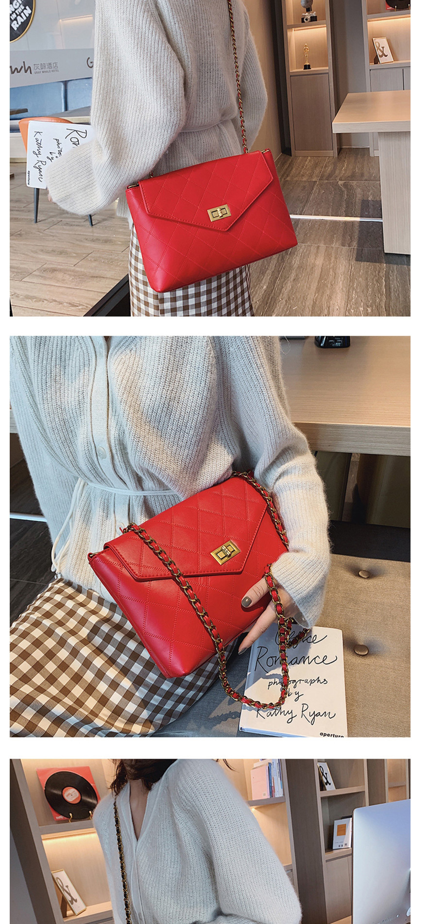 Fashion Red Chain Rhombic Shoulder Messenger Bag,Shoulder bags