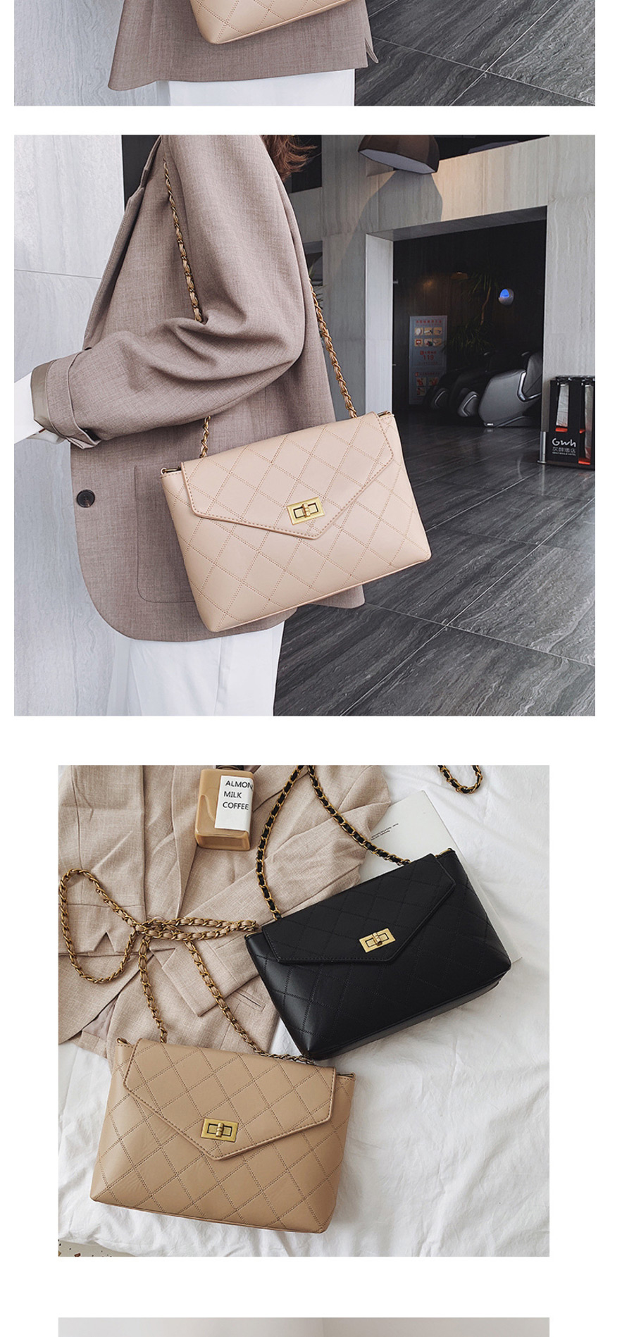 Fashion Khaki Chain Rhombic Shoulder Messenger Bag,Shoulder bags
