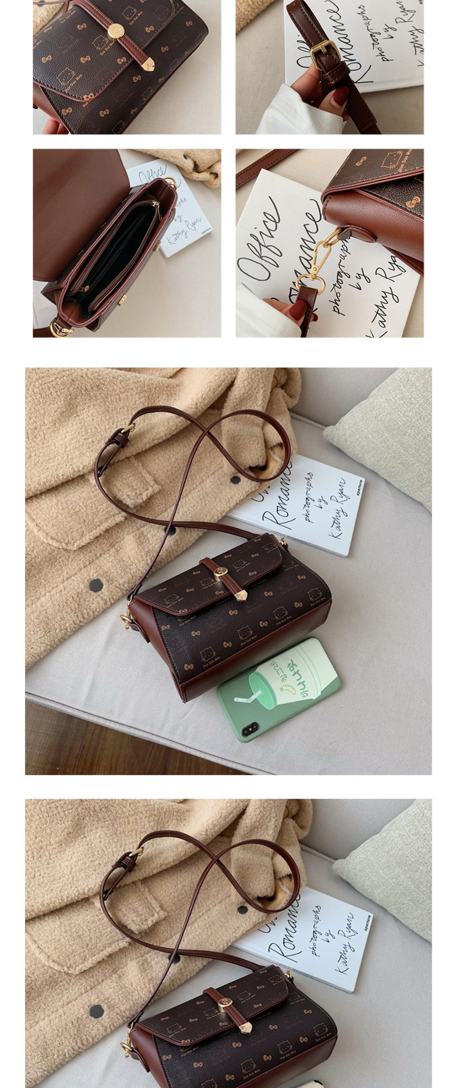 Fashion Brown Stitching Printed Contrast Color Shoulder Messenger Bag,Shoulder bags