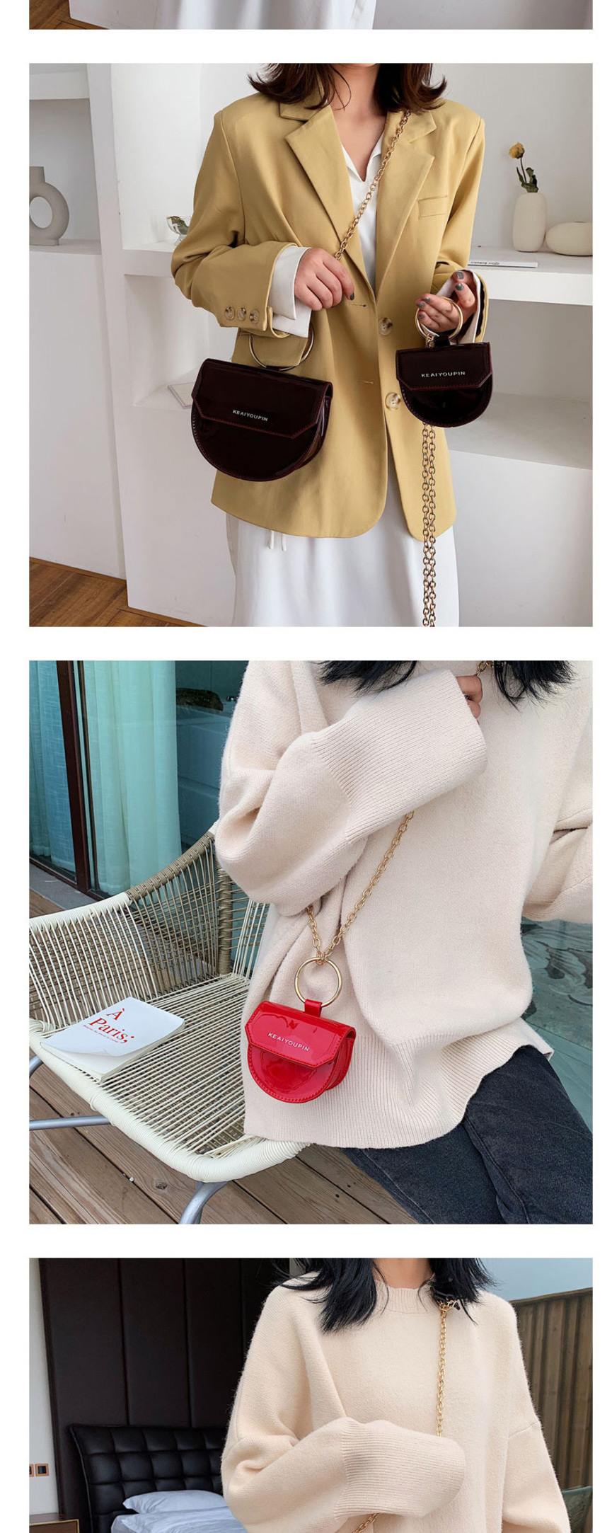 Fashion Black Trumpet Chain Semi-circular Shoulder Bag,Handbags