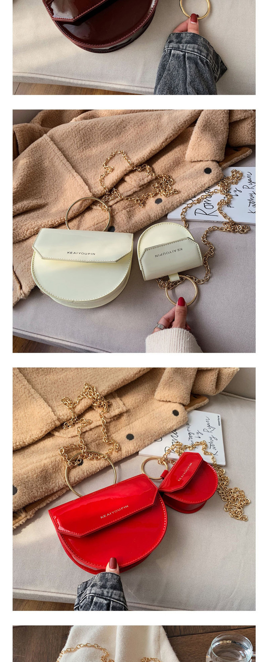 Fashion White Number Chain Semi-circular Shoulder Bag,Handbags