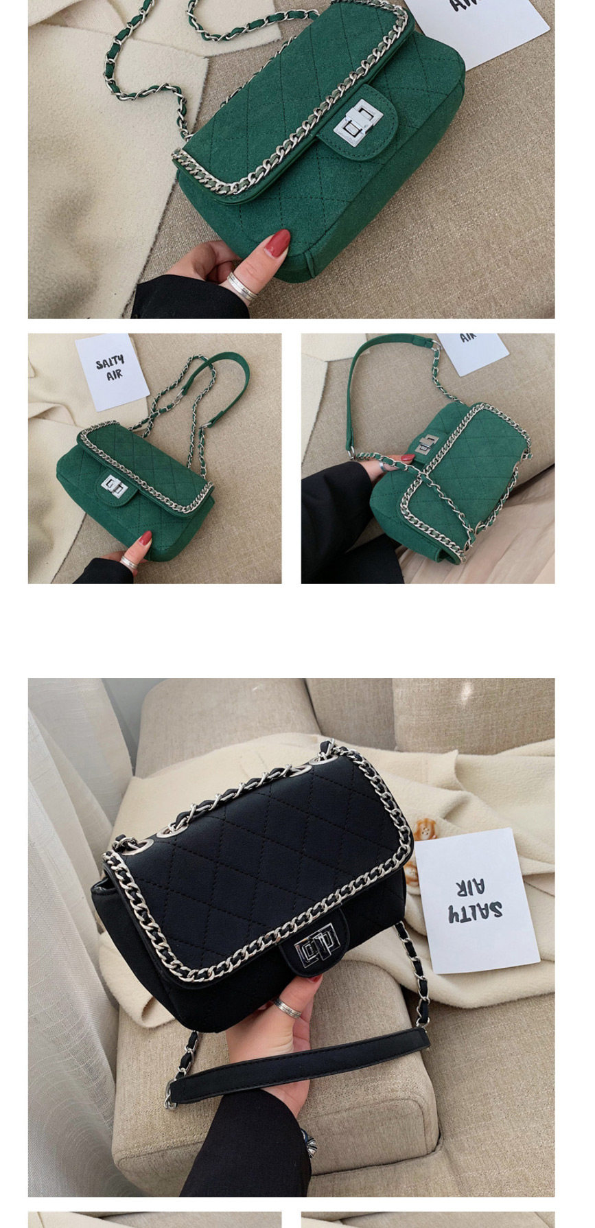 Fashion Dark Green Lock Chain Rhombic Single Back Messenger Bag,Shoulder bags