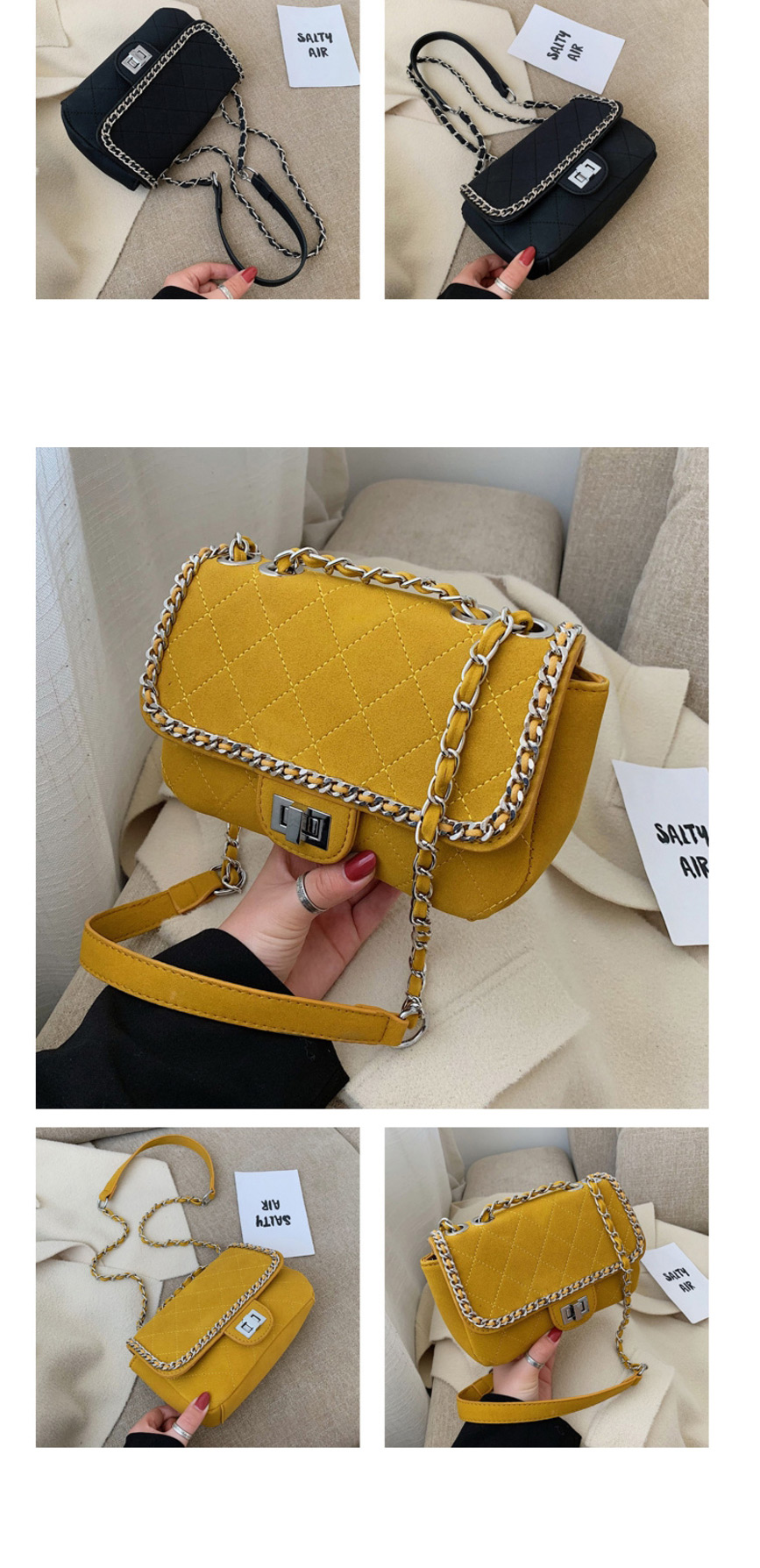 Fashion Yellow Lock Chain Rhombic Single Back Messenger Bag,Shoulder bags