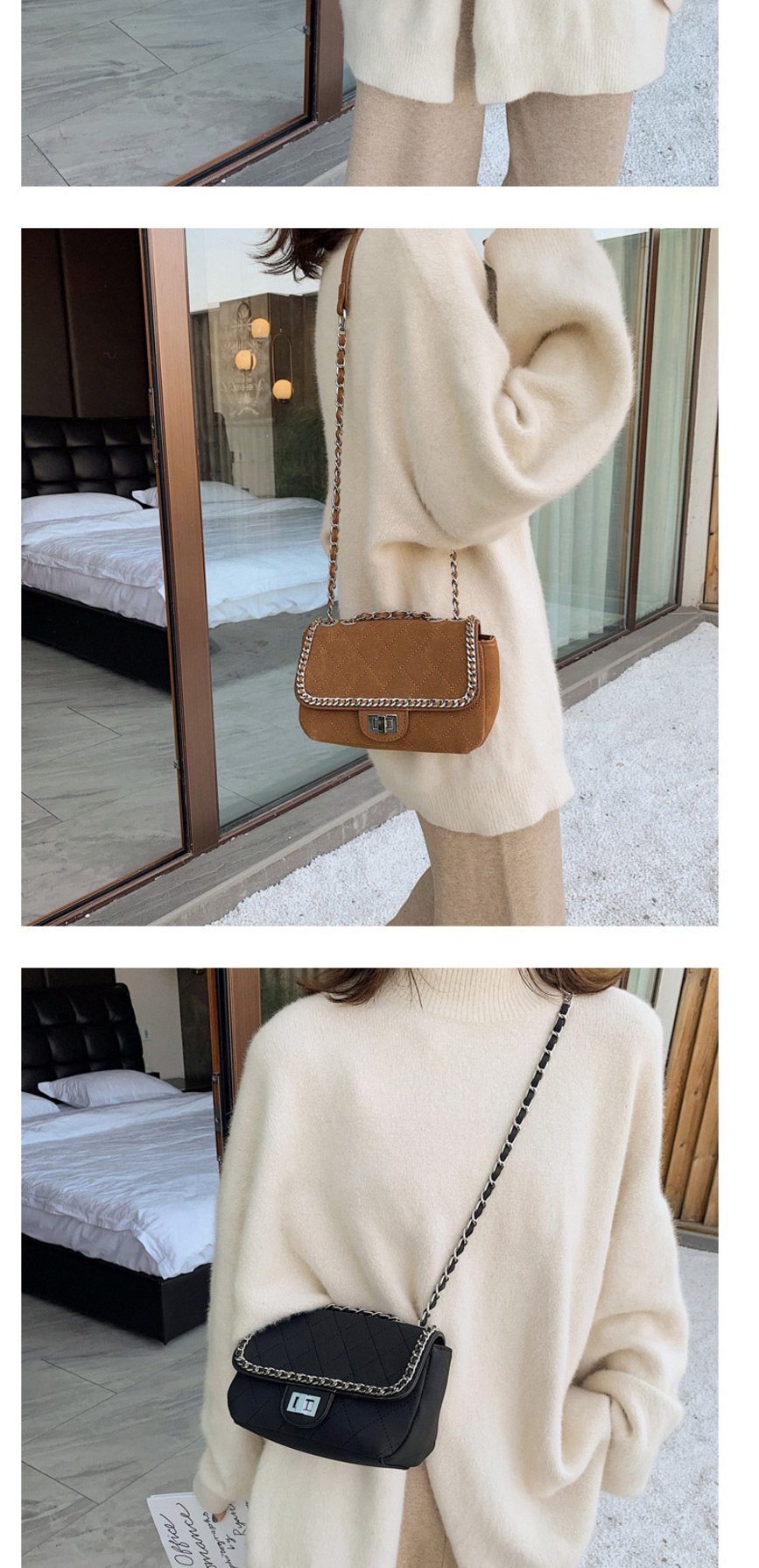 Fashion Brown Lock Chain Rhombic Single Back Messenger Bag,Shoulder bags