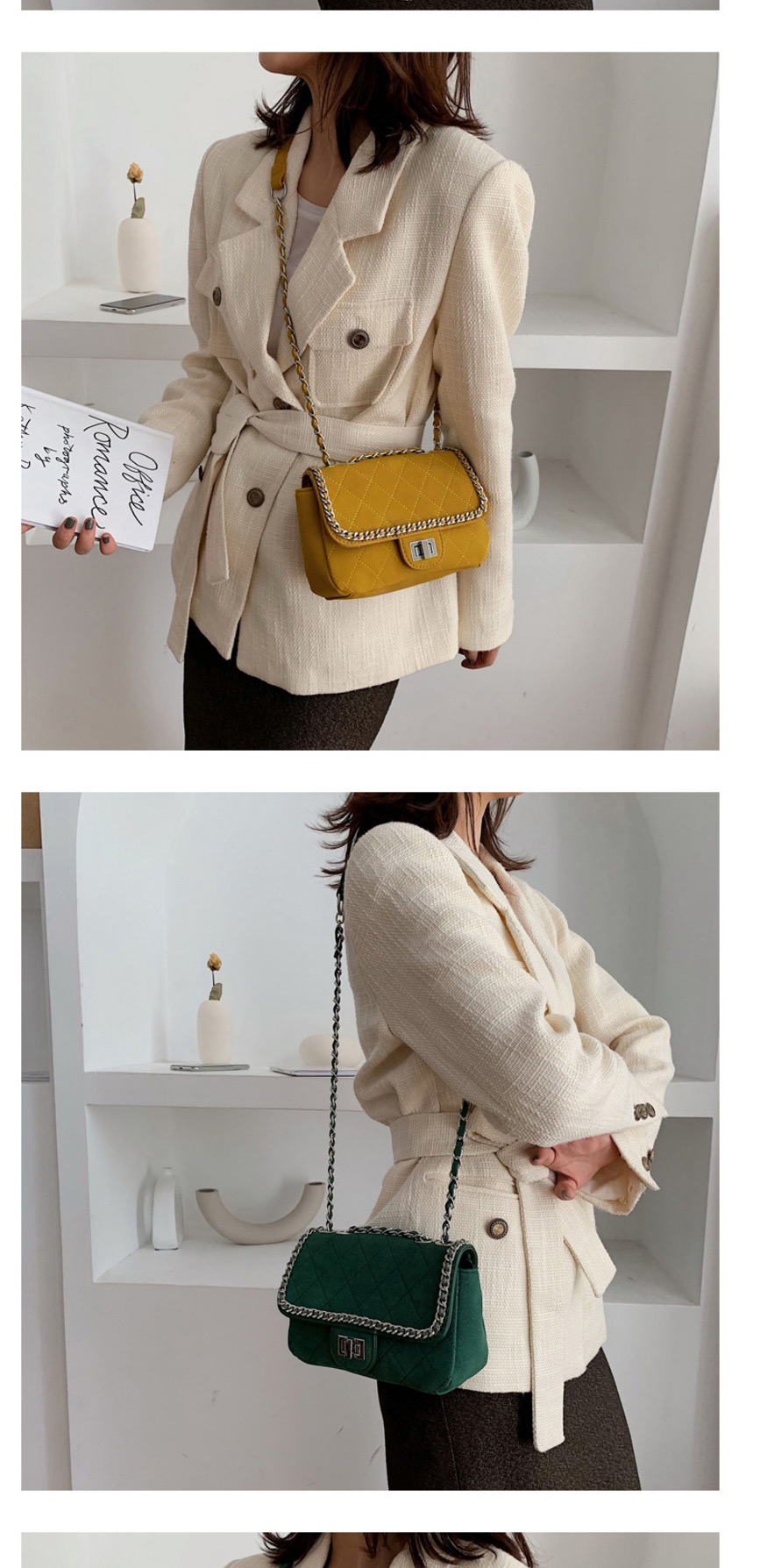 Fashion Yellow Lock Chain Rhombic Single Back Messenger Bag,Shoulder bags