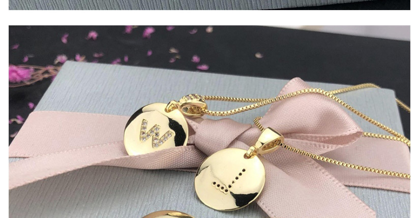 Fashion W Gold Glossy Diamond-plated Copper Plated Zircon English Alphabet Curved Necklace,Necklaces