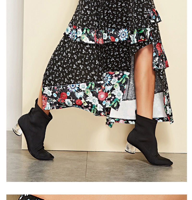 Fashion Black Ruffled Printed Split Skirt,Skirts