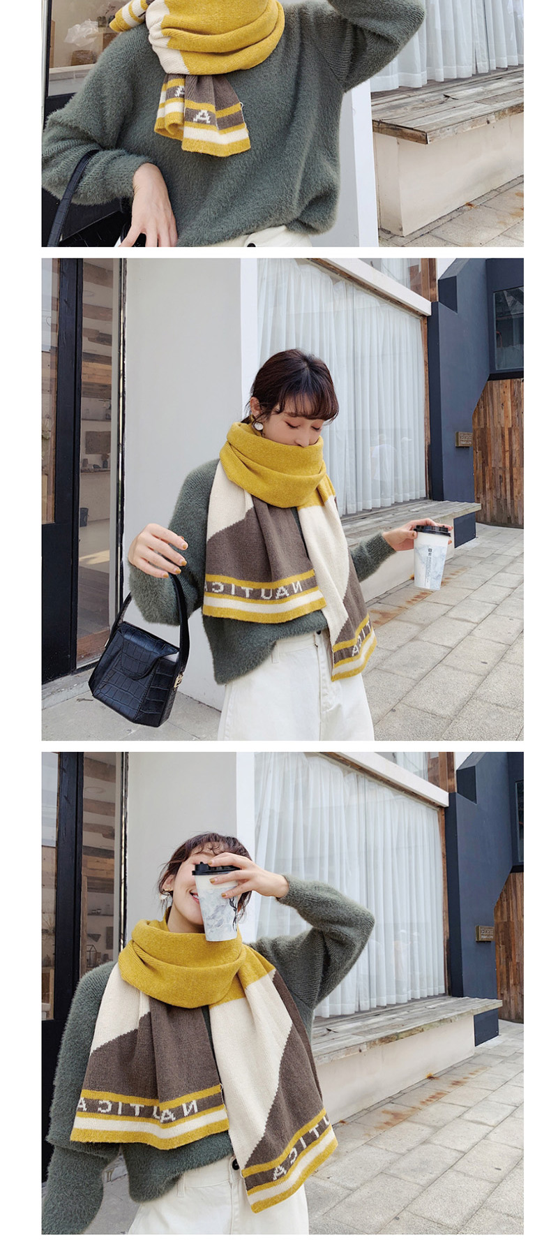 Fashion Yellow Knitted Wool Geometric Color Matching Scarf,knitting Wool Scaves