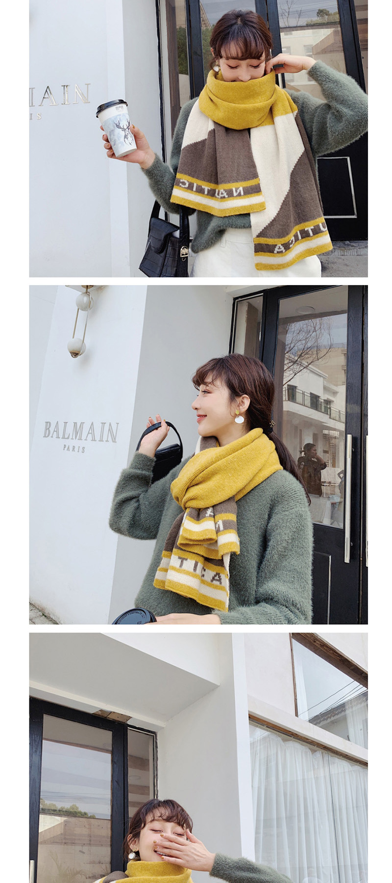 Fashion Yellow Knitted Wool Geometric Color Matching Scarf,knitting Wool Scaves