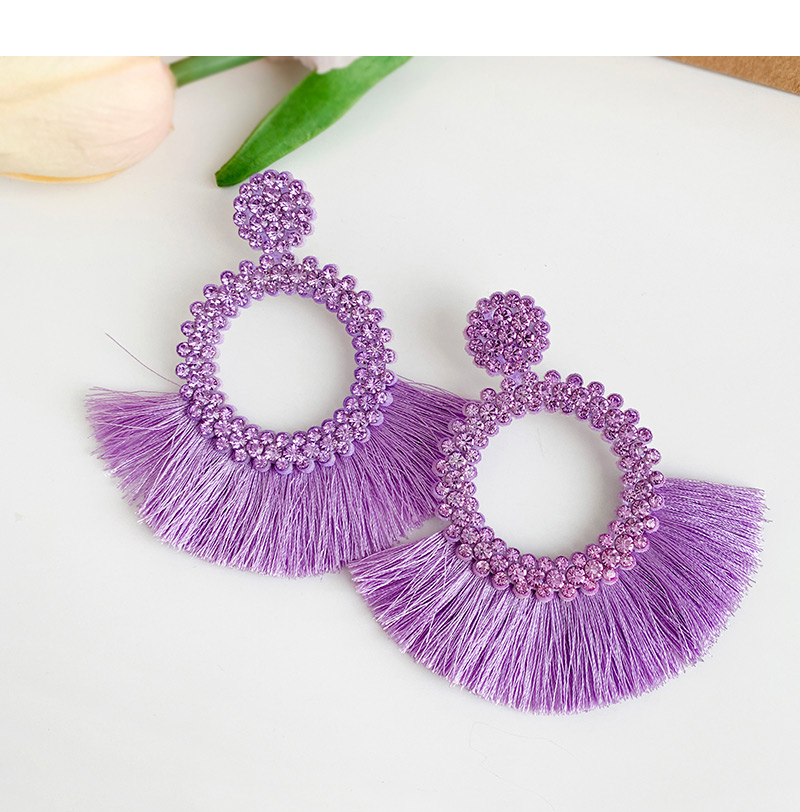 Fashion Purple Felt Cloth With Diamond Round Tassel Earrings,Drop Earrings