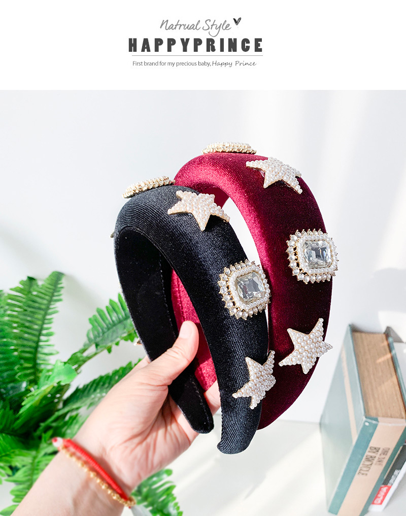 Fashion Black Gold Velvet Diamondd Pearl Five-pointed Star Headband,Head Band