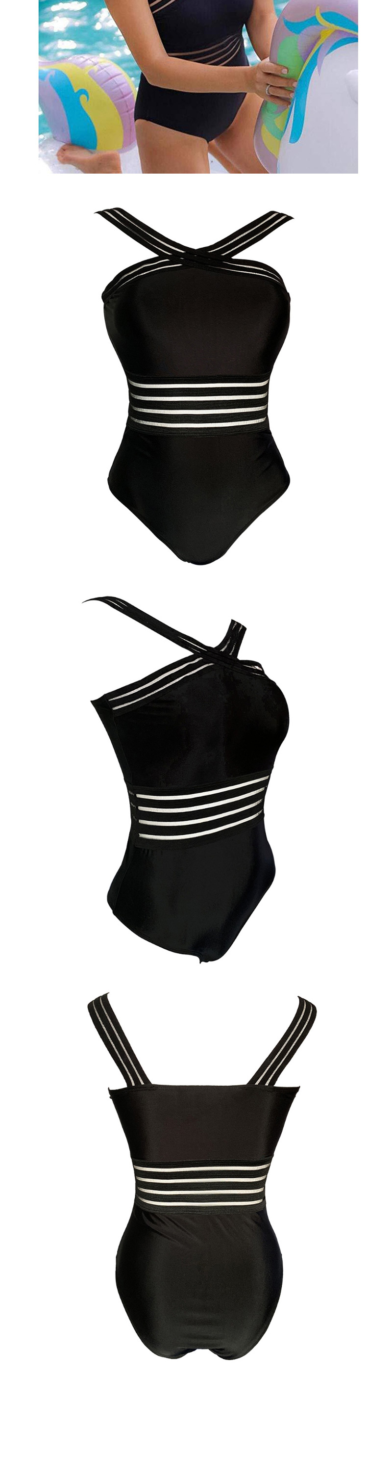 Fashion Black Ribbon Bandage Cross-piece Swimsuit,One Pieces