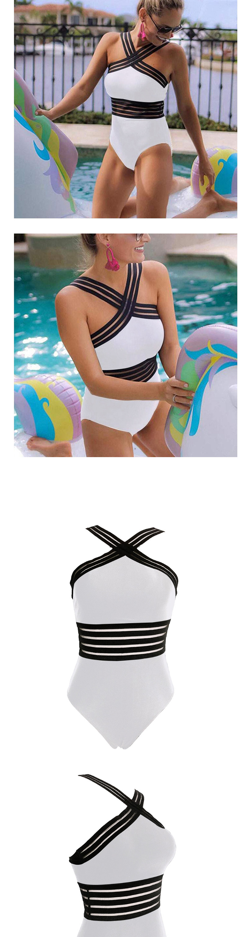 Fashion White Ribbon Bandage Cross-piece Swimsuit,One Pieces