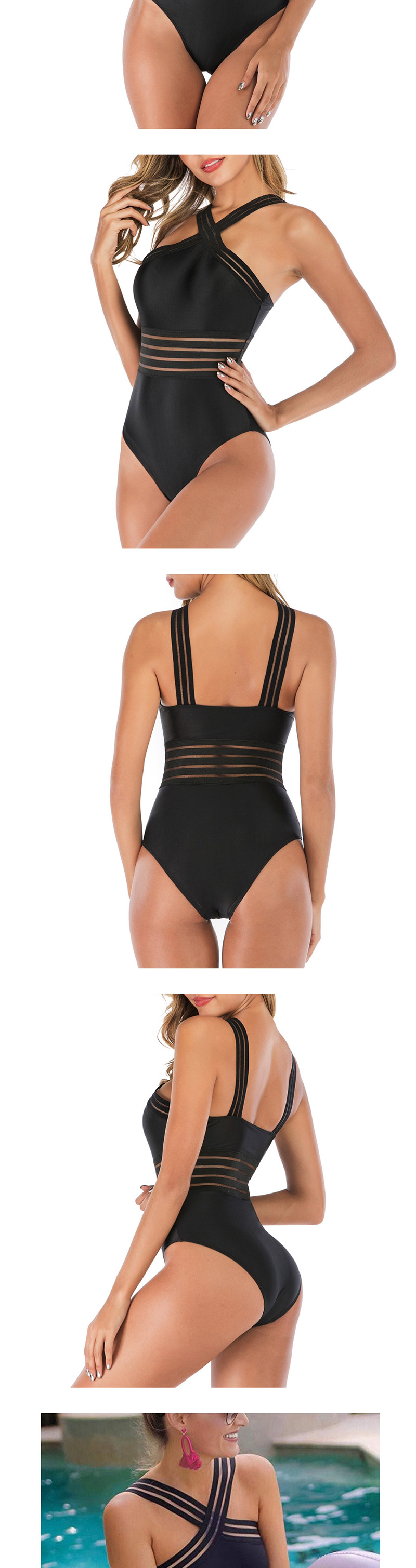 Fashion Black Ribbon Bandage Cross-piece Swimsuit,One Pieces