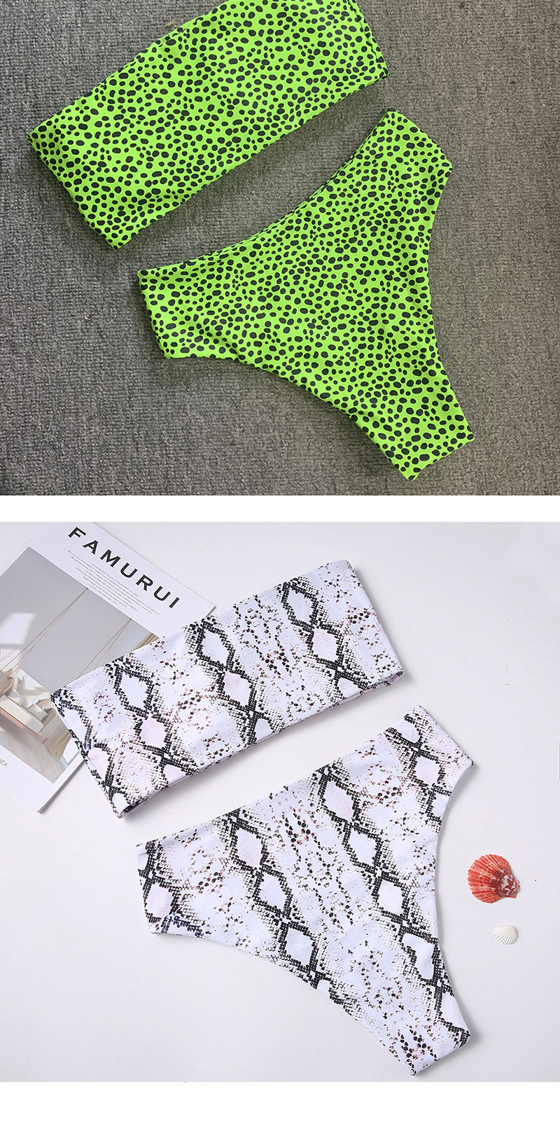 Fashion White + Green Tube Top High Waist Print Split Swimsuit,Bikini Sets