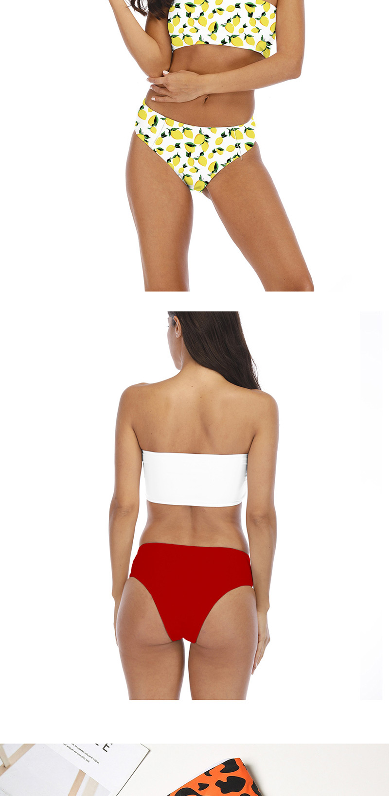 Fashion White Crepe Tube Top High Waist Print Split Swimsuit,Bikini Sets