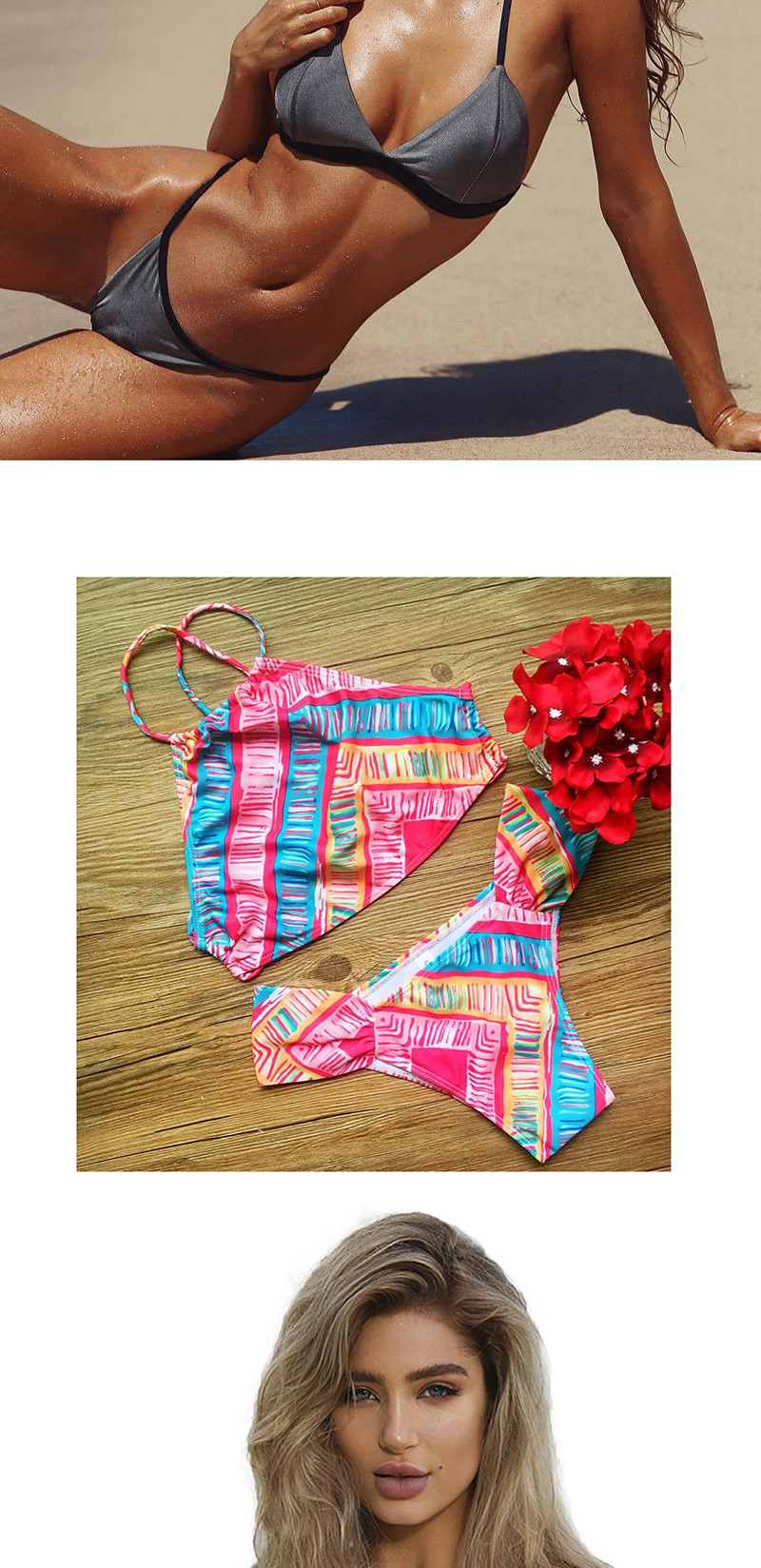 Fashion Pink Printed Straps Split Swimsuit,One Pieces