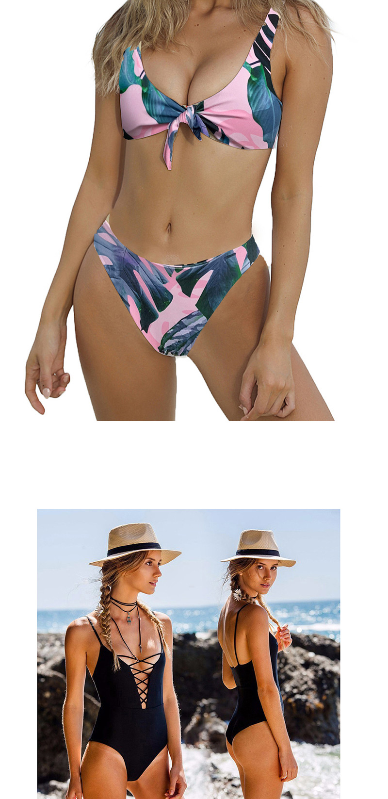 Fashion Pink Printed Straps Split Swimsuit,Bikini Sets