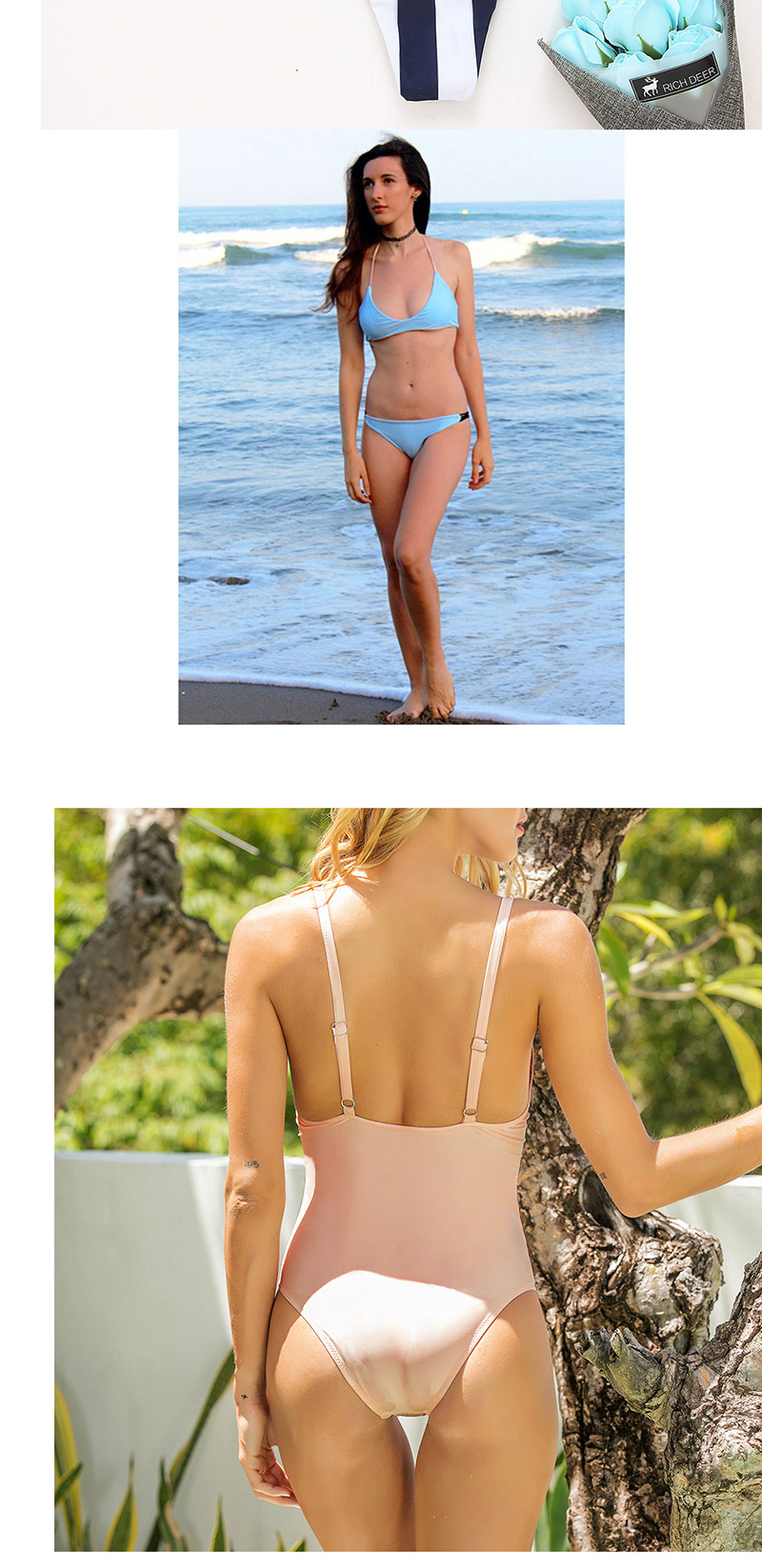 Fashion White And Blue Strip Printed Straps Split Swimsuit,Bikini Sets