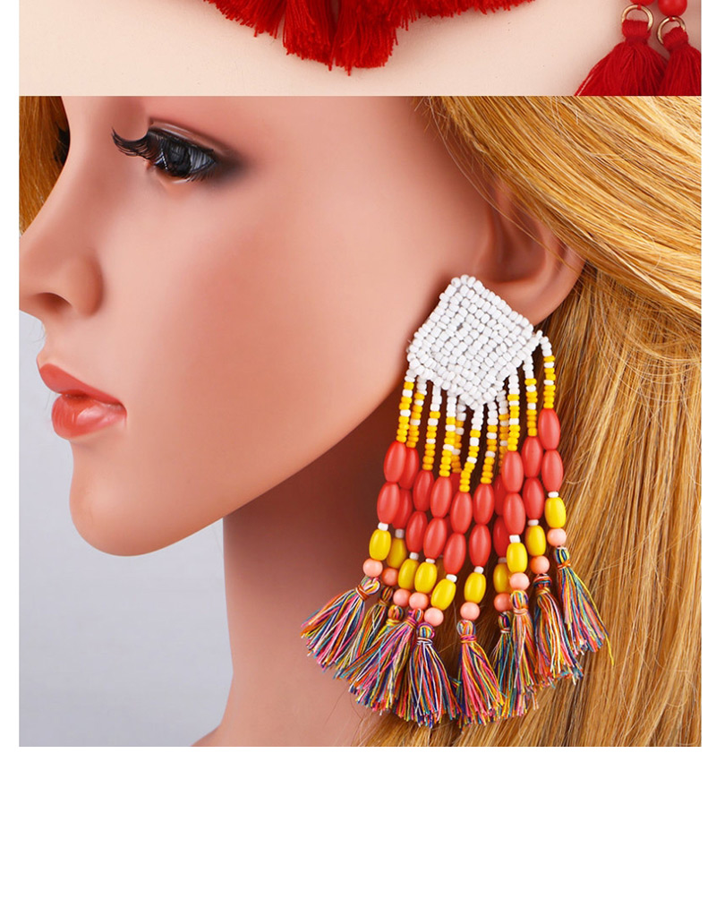 Fashion Beige Braided Geometric Rice Beads Tassel Earrings,Drop Earrings