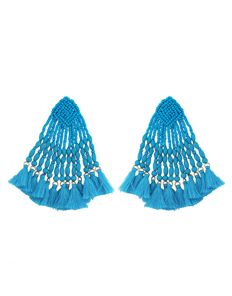 Fashion Dark Blue Braided Geometric Rice Beads Tassel Earrings,Drop Earrings