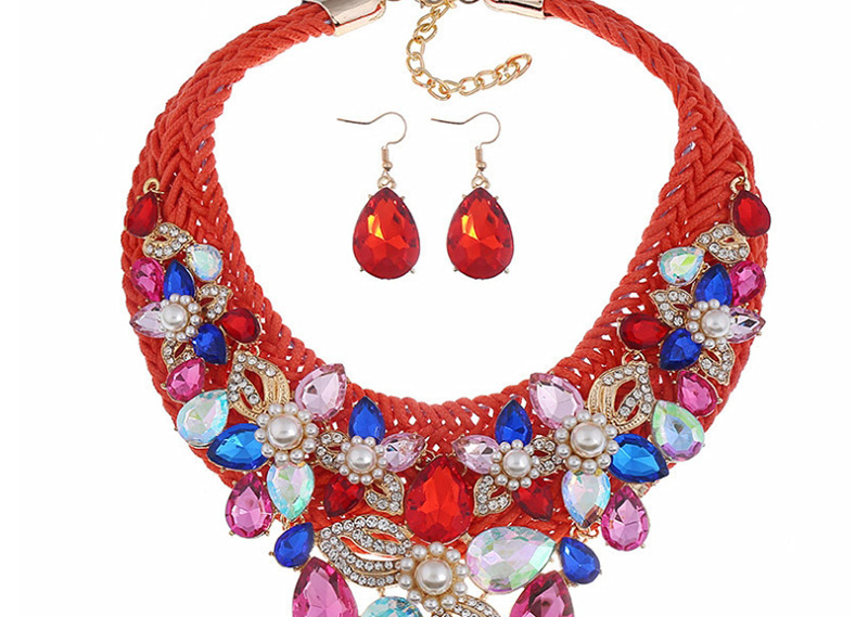 Fashion Red Pearl Diamond Woven Flower Necklace,Jewelry Sets