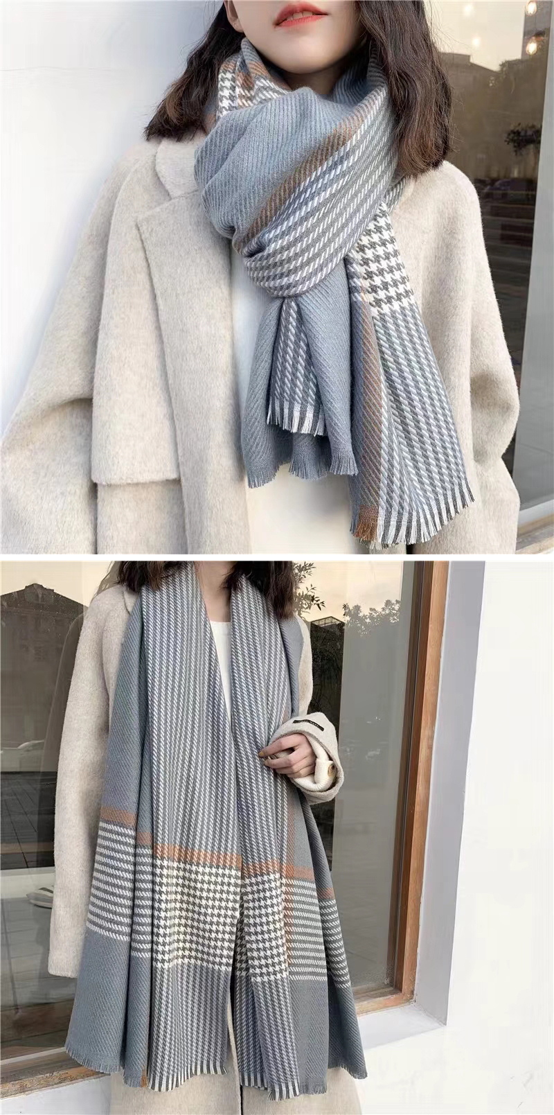 Fashion Bean Paste Contrast Houndstooth Faux Cashmere Scarf Shawl,Thin Scaves