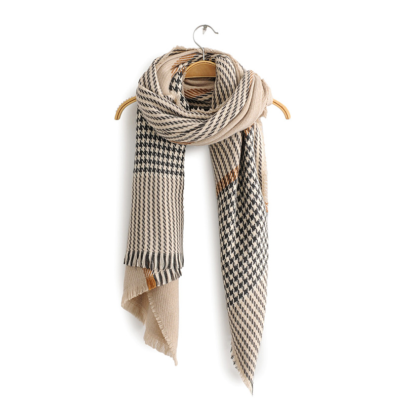 Fashion Khaki Contrast Houndstooth Faux Cashmere Scarf Shawl,Thin Scaves
