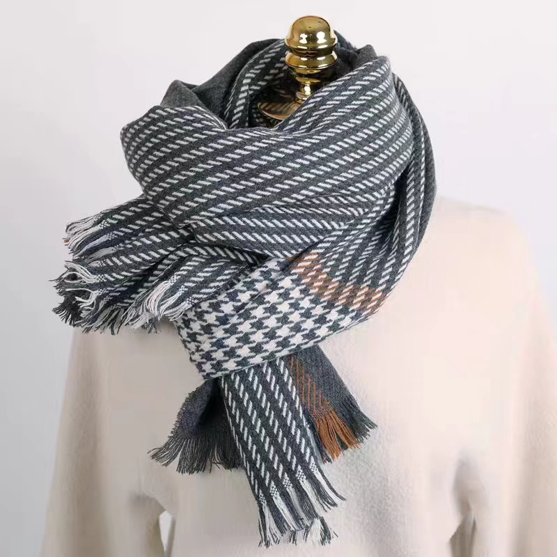 Fashion Navy Contrast Houndstooth Faux Cashmere Scarf Shawl,Thin Scaves