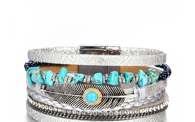 Fashion Silver Artificial Leather Feather Turquoise Magnetic Buckle Leather Bracelet,Fashion Bracelets
