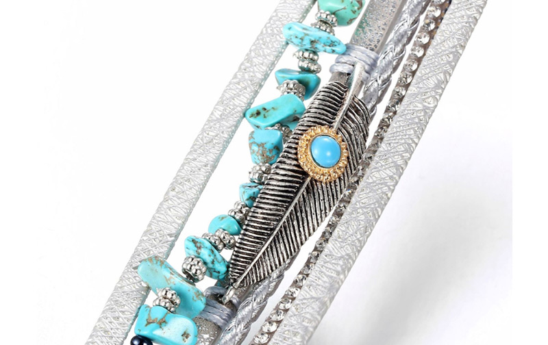 Fashion Silver Artificial Leather Feather Turquoise Magnetic Buckle Leather Bracelet,Fashion Bracelets