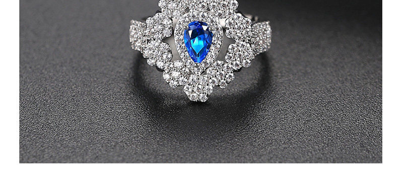 Fashion Blue Openwork Flower Opening Copper Inlaid Zirconium Ring,Rings