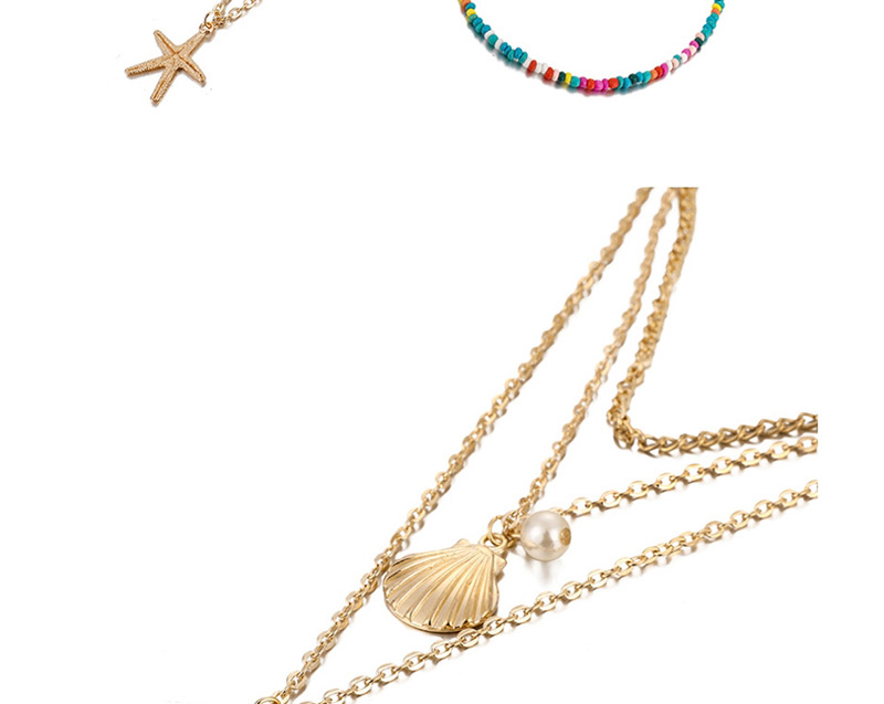 Fashion Gold Rice Beads Shell Starfish Necklace 2 Piece Set,Multi Strand Necklaces