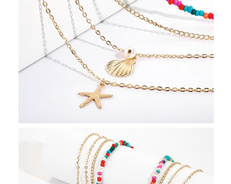 Fashion Gold Rice Beads Shell Starfish Necklace 2 Piece Set,Multi Strand Necklaces