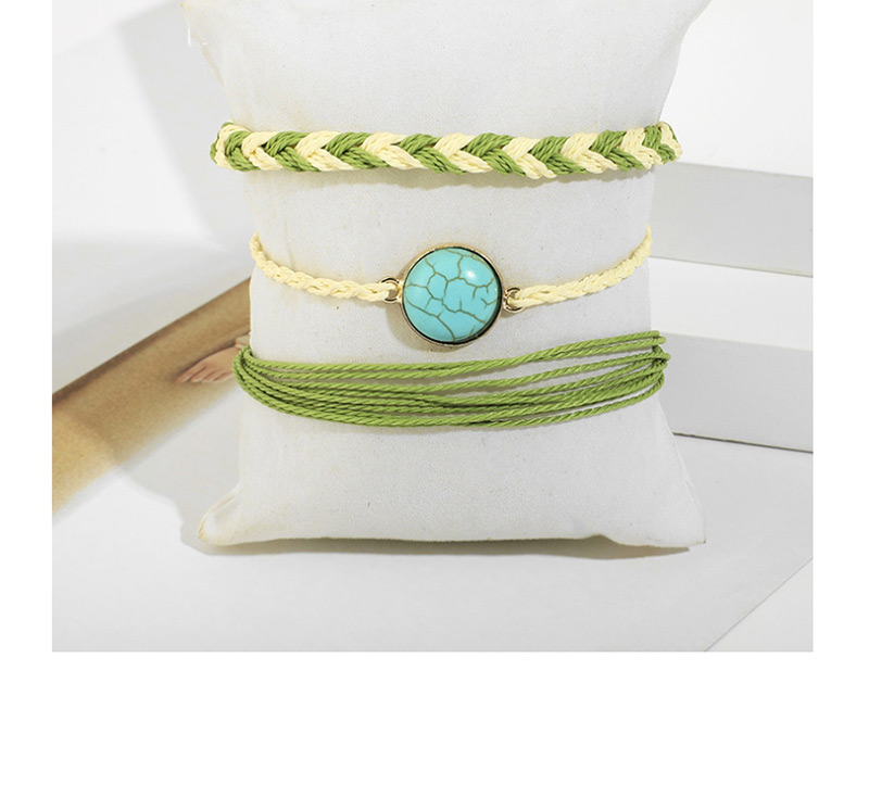 Fashion Green Contrast Color Wax Line Twist 辫 Round Turquoise Bracelet 3 Piece Set,Fashion Bracelets