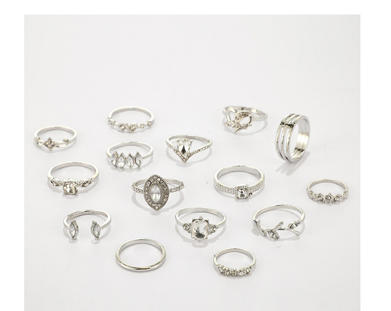 Fashion Silver Geometric Leaf Love Diamond Ring Set Of 15,Fashion Rings
