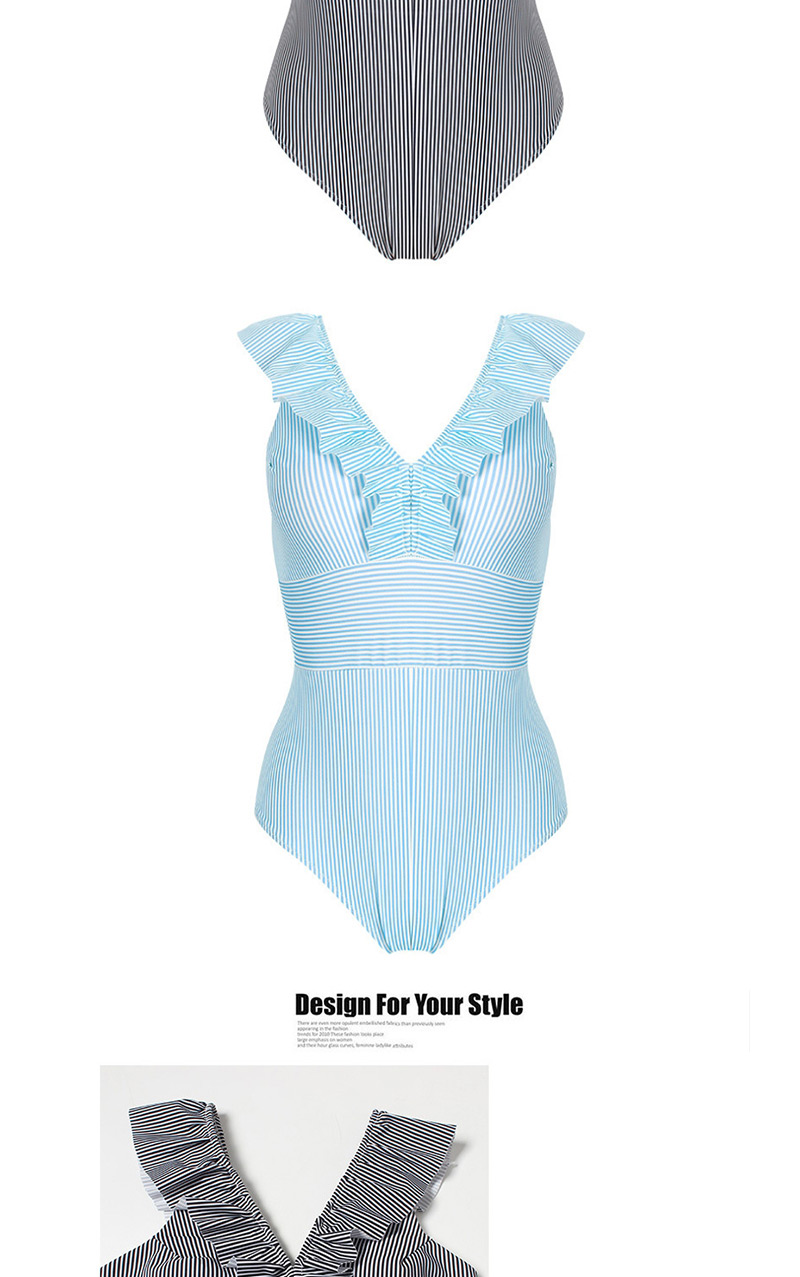 Fashion Blue Ruffled Striped Backless One-piece Swimsuit,One Pieces
