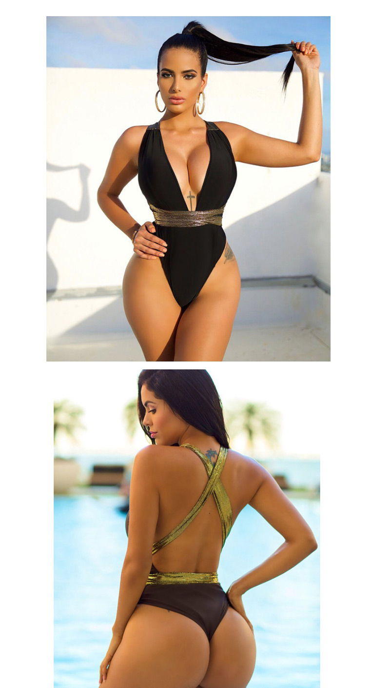 Fashion Black Deep V Hanging Neck One-piece Swimsuit,One Pieces