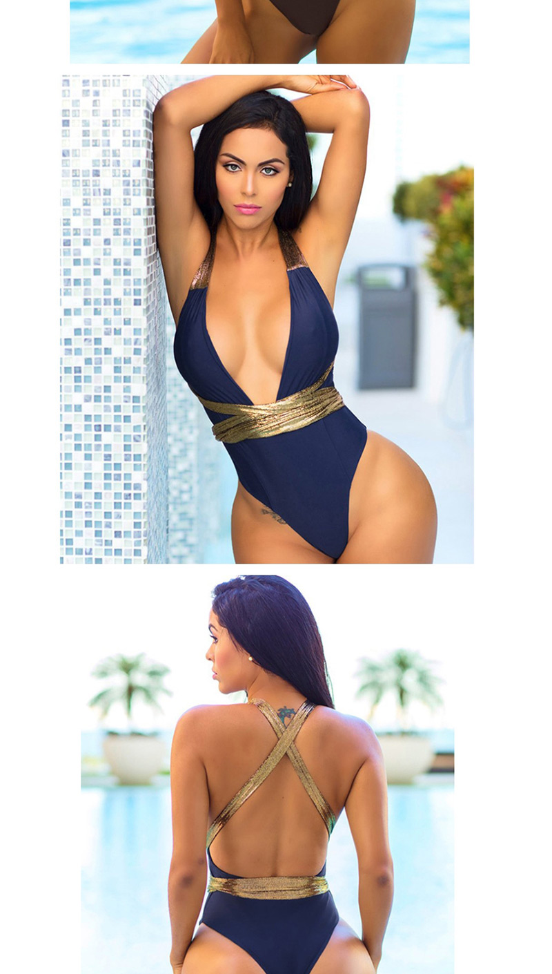 Fashion Blue Deep V Hanging Neck One-piece Swimsuit,One Pieces