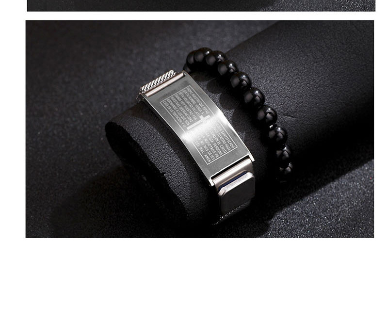 Fashion Black + Black Agate Stainless Steel Scripture Cross Beaded Bracelet Set,Bracelets