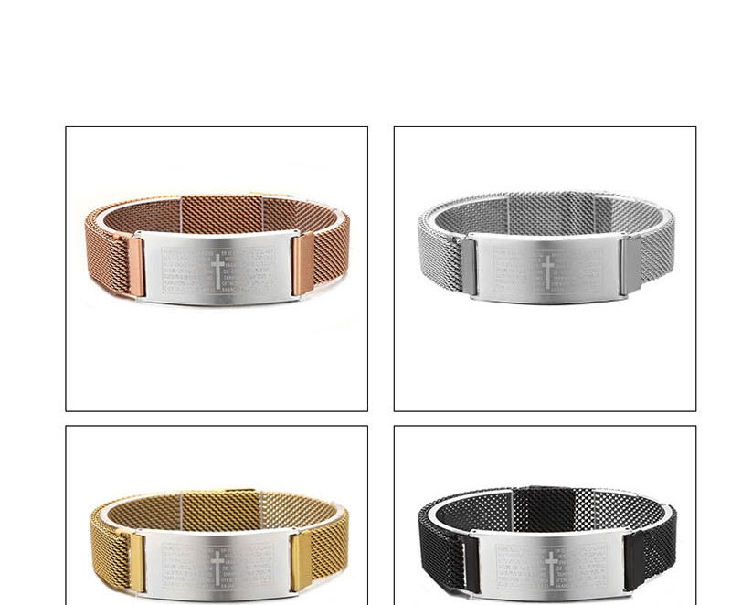 Fashion Steel Color + Black Agate Stainless Steel Scripture Cross Beaded Bracelet Set,Bracelets