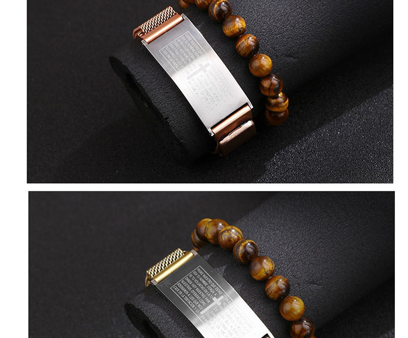 Fashion Rose Gold + Tiger Eye Stone Stainless Steel Scripture Cross Beaded Bracelet Set,Bracelets