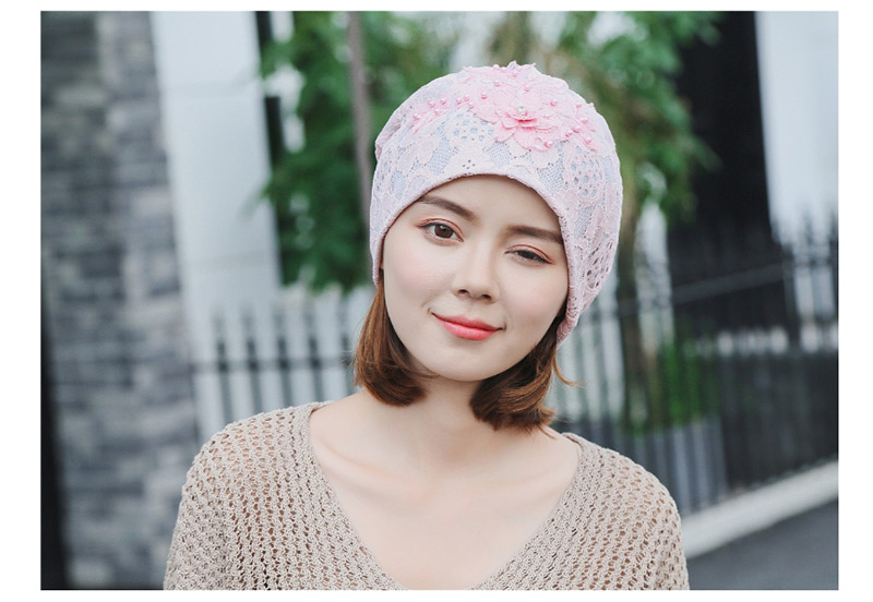 Fashion Beige Pearl Flower Lace Double-layered Pile Head Cap,Beanies&Others