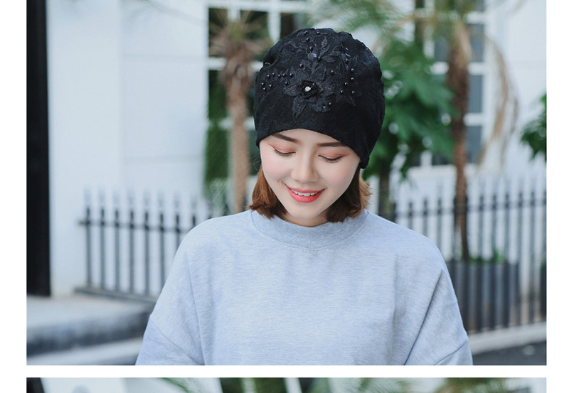 Fashion Black Pearl Flower Lace Double-layered Pile Head Cap,Beanies&Others