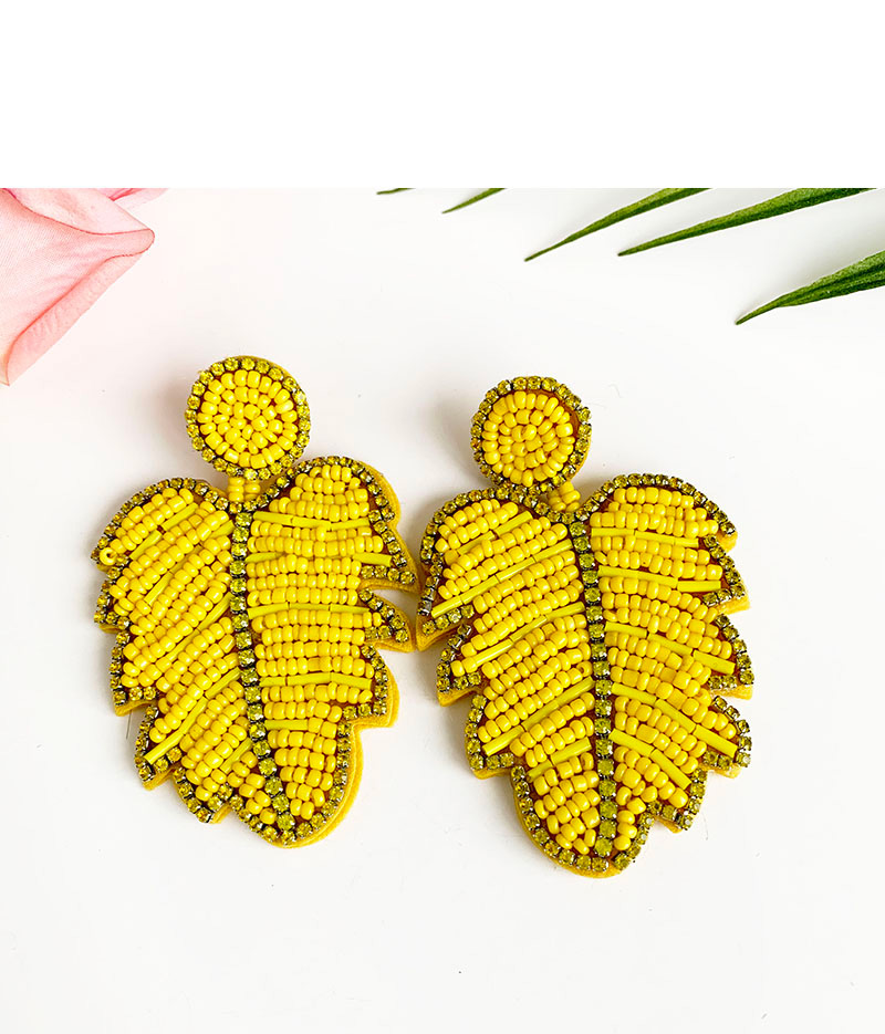 Fashion Yellow Non-woven Diamond-studded Rice Beads Leaves Earrings,Drop Earrings