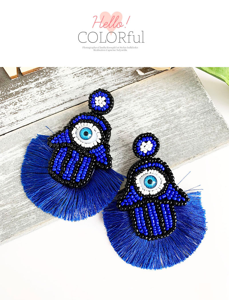 Fashion Blue Non-woven Rice Beads Palm Eye Cotton Tassel Earrings,Drop Earrings