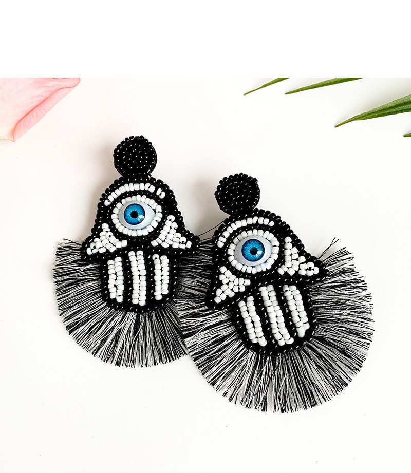 Fashion Blue Non-woven Rice Beads Palm Eye Cotton Tassel Earrings,Drop Earrings