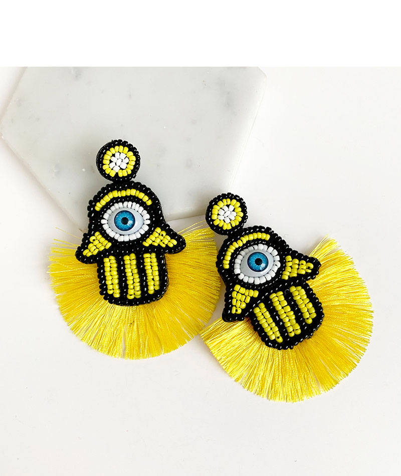 Fashion Black Non-woven Rice Beads Palm Eye Cotton Tassel Earrings,Drop Earrings