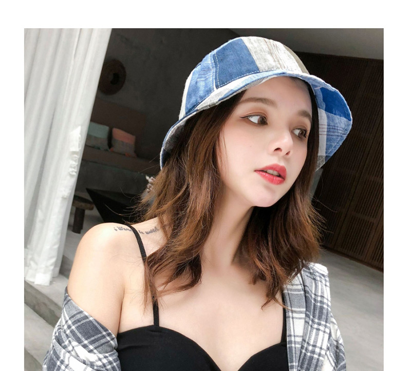 Fashion Blue Plaid Sunscreen Folding Fisherman Hat,Sun Hats