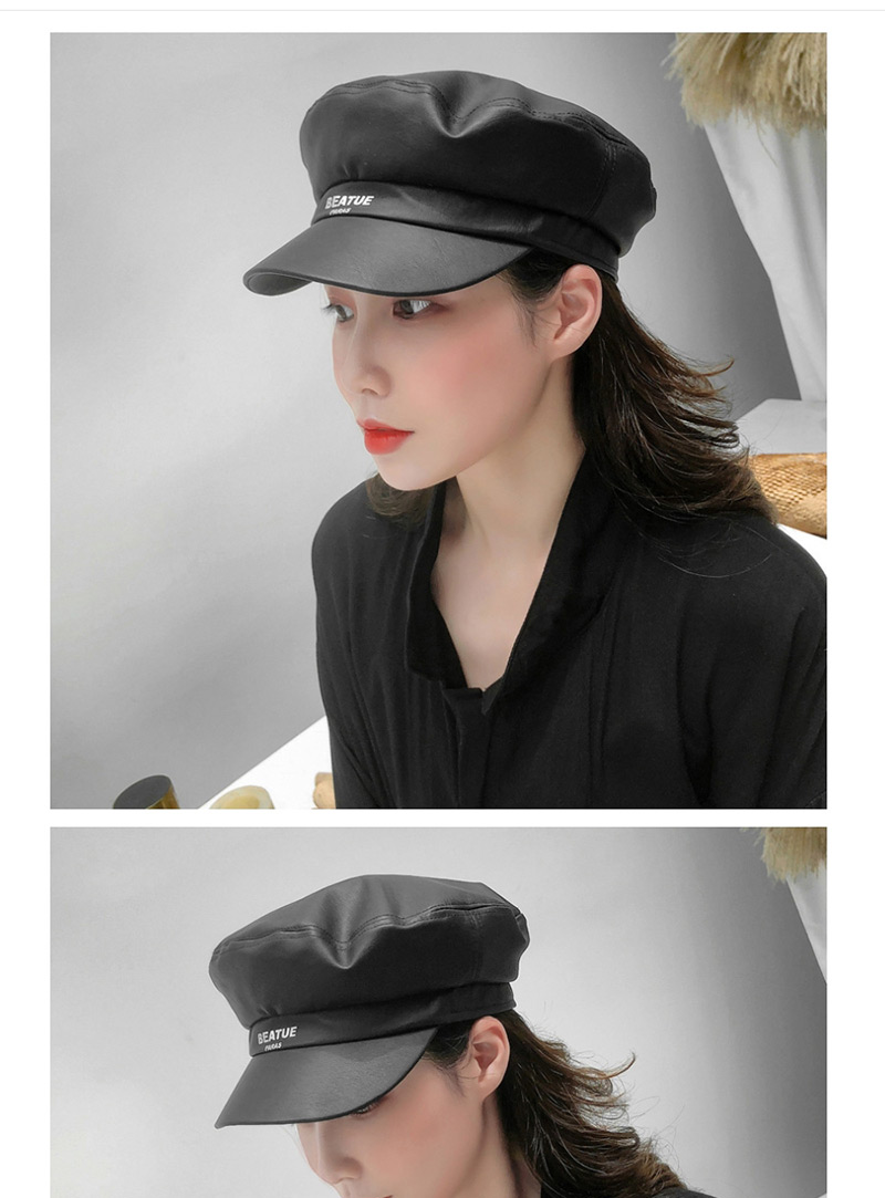 Fashion Black Pu Leather Flat Navy Cap,Beanies&Others